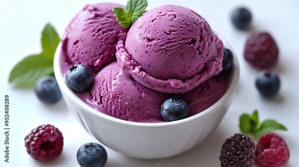 Aufkleber blueberry ice cream in bowl isolated on white background : generative ai
