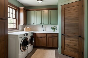 Rustic Brown and Sage Green Laundry Room Design with Modern Appliances and Neat Decor