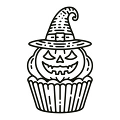 Halloween pumpkin cupcake wearing a witch hat doodle sketch