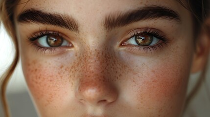 Fototapeta premium A young caucasian woman with clean skin is featured in a closeup highlighting her captivating brown eyes : Generative AI