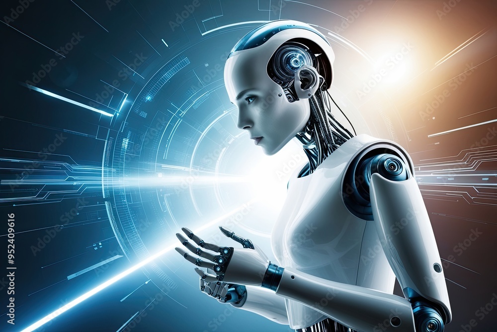 Poster advanced cyborg in a high-tech environment reflecting on technology future