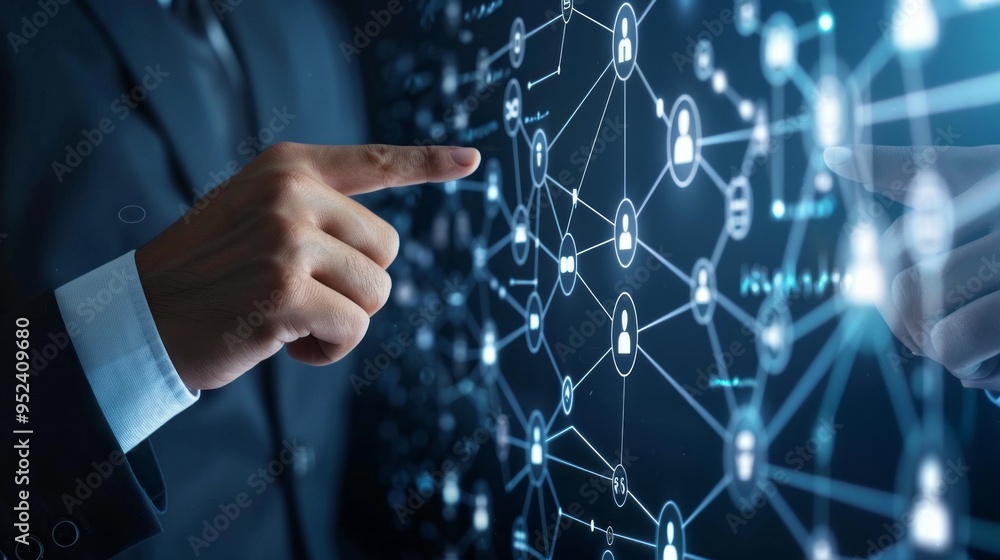 Poster A man pointing at a computer screen with a network of people on it