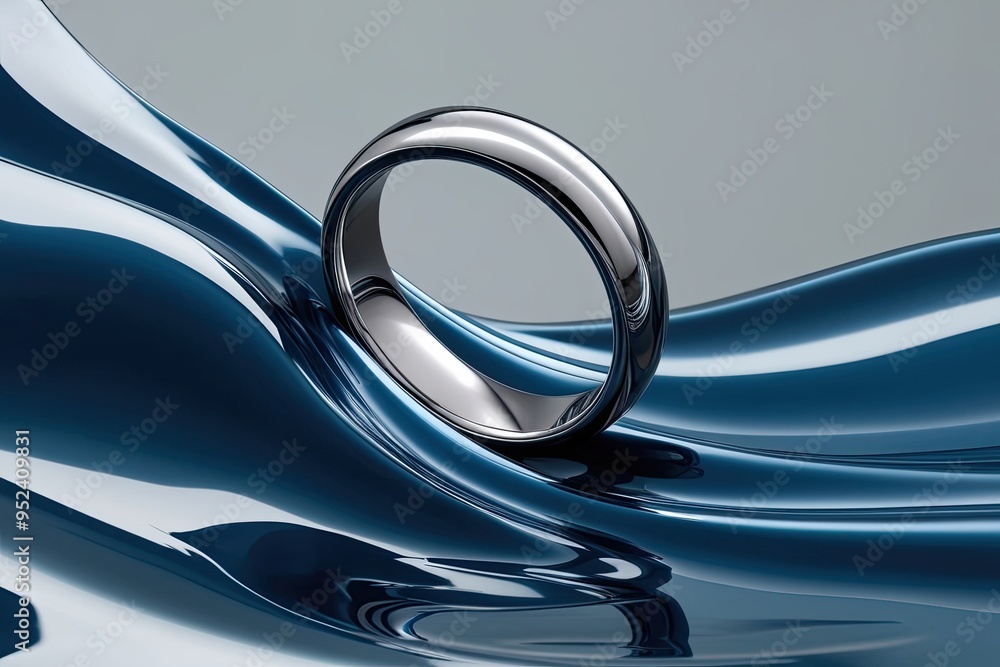 Poster mesmerizing metallic chrome ring floating in shimmering fluid waves