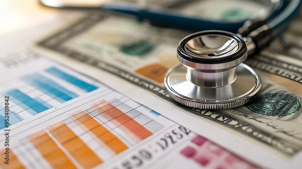 Poster stethoscope and us dollar banknotes on chart or graph paper financial account statistics and busines