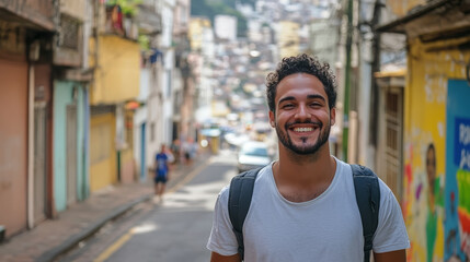 Fototapeta premium Young smiling Brazilian man in casual clothes on the street in Rio de Janeiro, boy, guy, male portrait, Portuguese, nationality, South America, Brazil, local, indigenous, portrait, teen, student