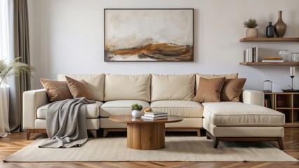 A cozy, modern living room with a minimalist design features a plush, white sectional sofa adorned with neutral-colored pillows and a soft brown blanket draped over one side.