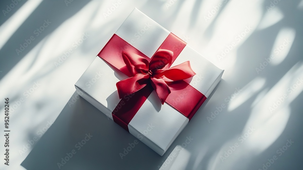 Poster White square gift box mockup on white background harsh shadows red inside From above top view minimalist concept mock up luxury : Generative AI