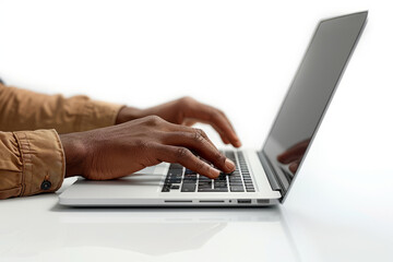 Hands are on the laptop keyboard, top view, white isolated background