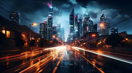 Obraz premium Vibrant Nighttime Cityscape with Streaking Lights and Illuminated Skyscrapers