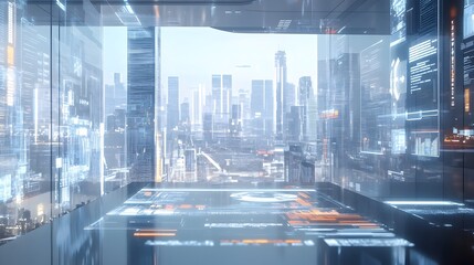 Sleek Futuristic Financial Technology Interface with Holographic Panels and Seamless Controls