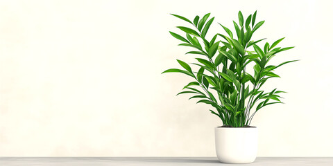 Green plant in a white pot against a neutral background, adding a touch of freshness and nature to any indoor space.