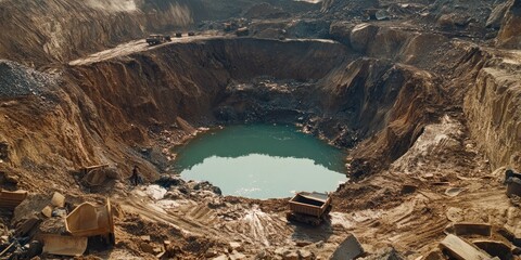 A mining pit filled with water and abandoned vehicles.