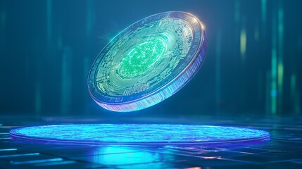 A glowing digital coin floating above a futuristic city skyline during twilight, illustrating advanced technology in virtual currency