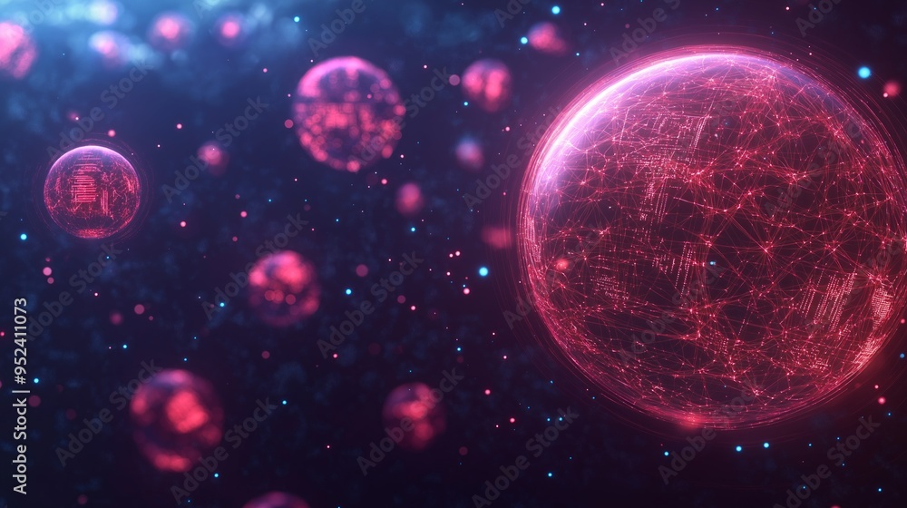Poster digital currency global network with glowing nodes and currency symbols in a cosmic background