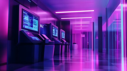 Sleek Futuristic Financial Tech Hub with Cashless Payment Terminals and Holographic Displays