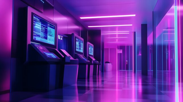 Sleek Futuristic Financial Tech Hub with Cashless Payment Terminals and Holographic Displays - Powered by Adobe