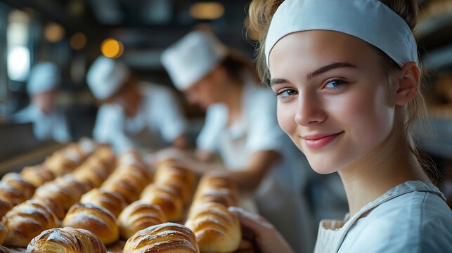 Young baker apprentice baking buns in big bakery with team in background : Generative AI