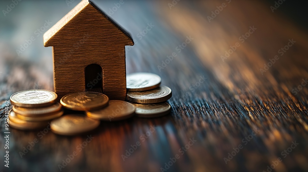 Poster wood house and row of coin money on wood table and selective focus planning to buy property choose w