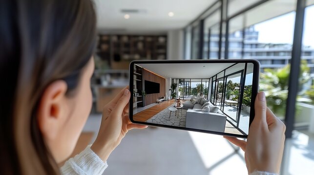 Woman takes photograph of large renovated home interior Property owner or estate agent uses wide angle camera on smart tablet to take photo or give walkthrough video tour about new apa : Generative AI