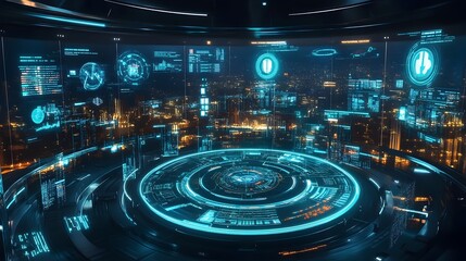 Futuristic Financial Technology Hub with Gleaming Digital Interfaces and Intricate Blockchain Applications