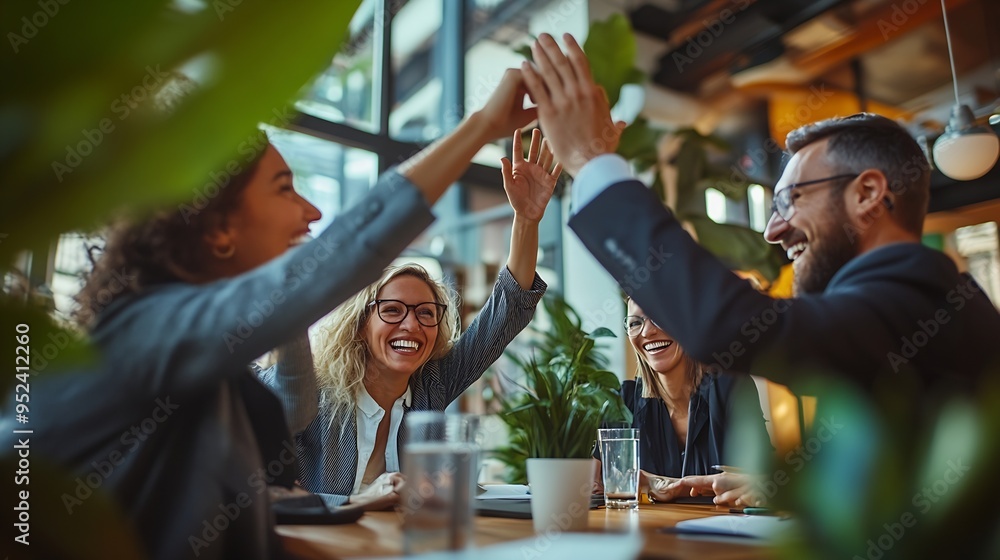 Poster Diverse group of laughing businesspeople high fiving each other while working around a table in an office building : Generative AI