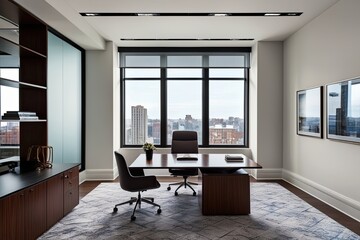 Fototapeta premium Modern Executive Office Design Featuring Beautiful Windows and Contemporary Workspace Features