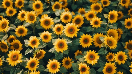 Vibrant Sunflower Field in Bloom with Golden Petals and Green Leaves Capturing Summer Beauty