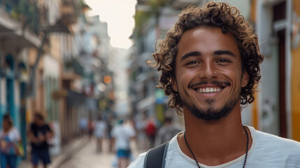 Naklejka premium Young smiling Brazilian man in casual clothes on the street in Rio de Janeiro, boy, guy, male portrait, Portuguese, nationality, South America, Brazil, local, indigenous, portrait, teen, student