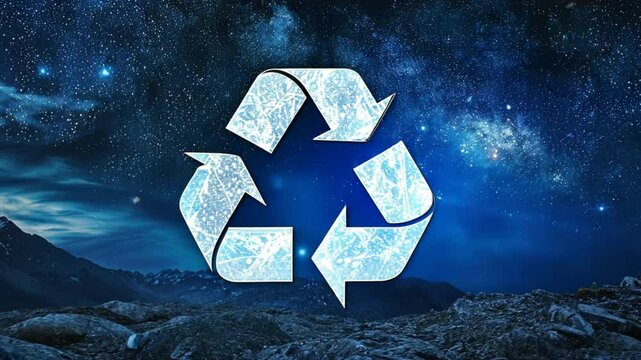 A blue recycling symbol is shown in the night sky. Concept of environmental awareness and the importance of recycling