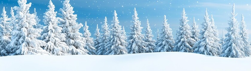 Fototapeta premium Tranquil snow-covered pine forest, gentle snowfall, crisp winter air, deep silence