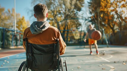 A young boy in a wheelchair watches another boy play basketball on an outdoor court. The scene captures a moment of friendship and determination. Enjoy the autumn colors in the background. AI