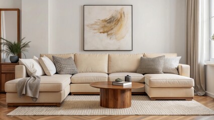 A cozy, modern living room with a minimalist design features a plush, white sectional sofa adorned with neutral-colored pillows and a soft brown blanket draped over one side.