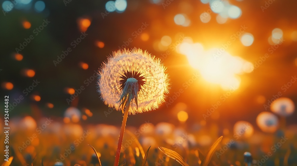 Aufkleber White dandelion in a forest at sunset Macro image shallow depth of field Abstract summer nature background : Generative AI