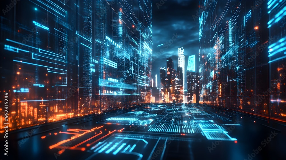 Poster futuristic financial technology hub with sleek architectural design and seamless automated systems
