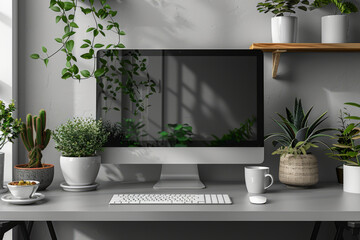 black computer screen, centred on a grey table top, white wall, for a mock up