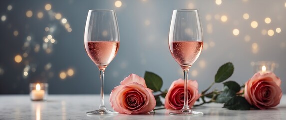 Glass with rose sparkling wine on the white table with.