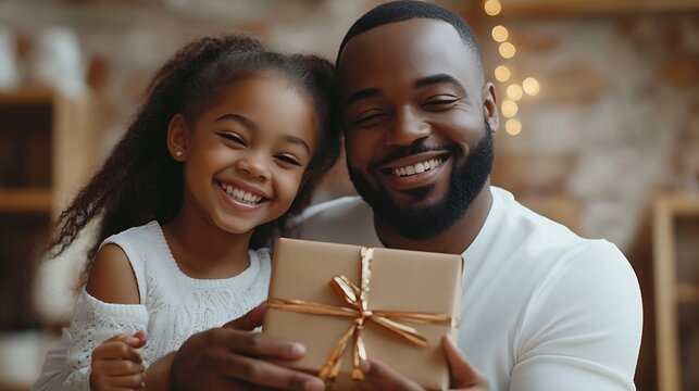 Happy fathers day Front view shot of happy family celebrating fathers day Young man with a gift in hands his wife sitting on floor and hugging her husband Little girl with present card : Generative AI