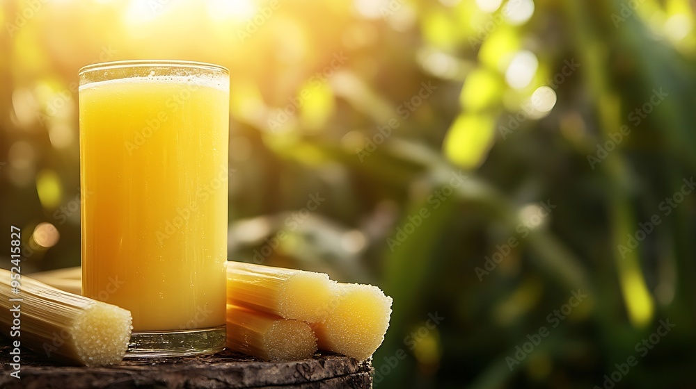 Poster fresh squeezed sugar cane juice with sugar cane plantation farming background : generative ai