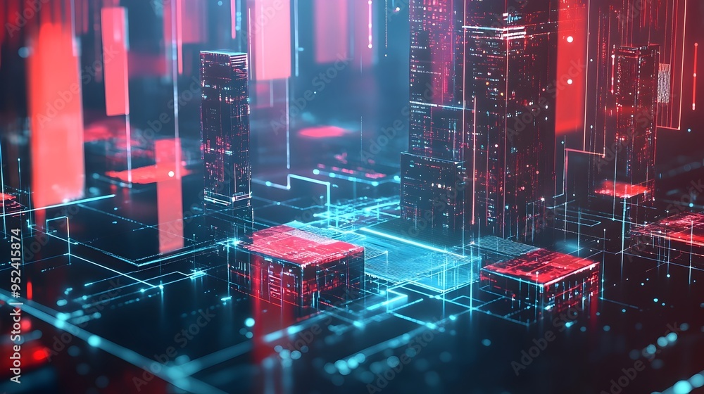 Poster futuristic digital finance hub with transparent blockchain nodes and sleek holographic interfaces