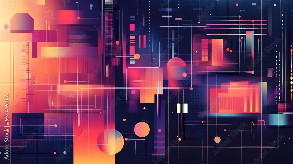 Poster interconnected blockchain composition a geometric visualization of digital technology