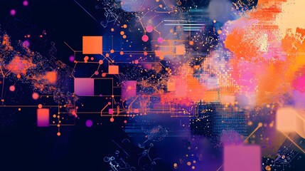 Interconnected Blockchain Technology Abstract Composition with Geometric Data Visualizations