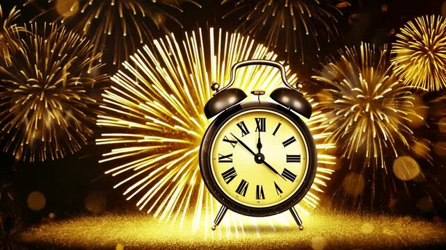 Festive fireworks with clock for counting down New Year. 2025 with Elegant animated clock counting down for Happy New Year Celebration