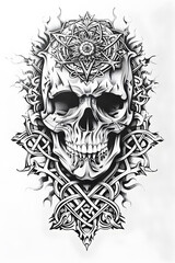 Skull and Mandala very simple traditional tattoo flash styles illustration
