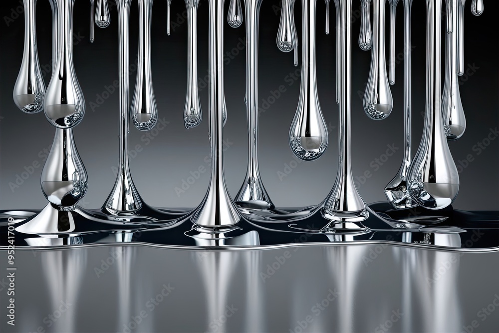 Poster shiny chrome droplets arrange in liquid metal patterns for striking avant-garde visuals