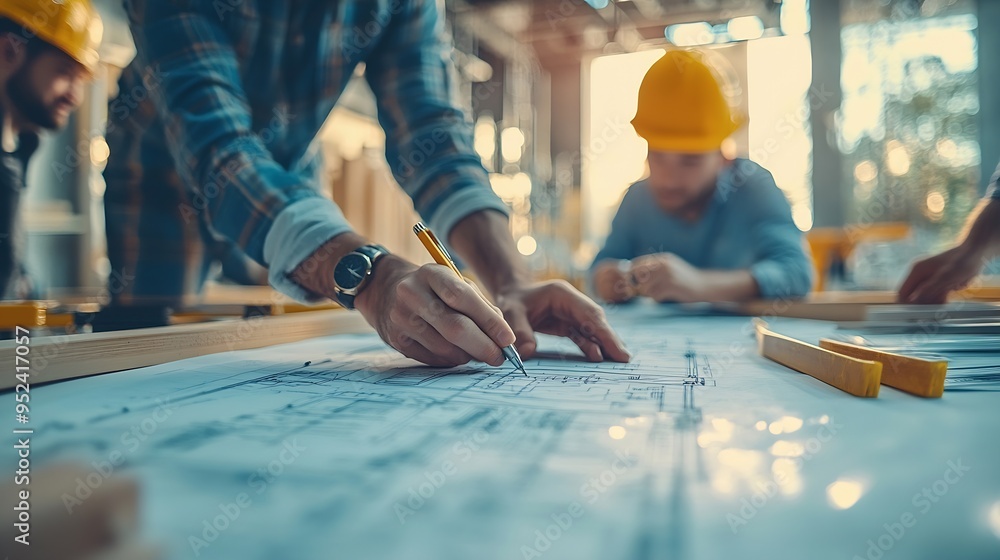 Leinwandbilder planning meeting on home plan drawing of engineering team architect on blue print with equipment dis