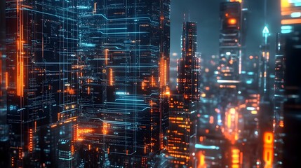 Naklejka premium Futuristic Blockchain Powered Financial Technology with Sleek Transparent Digital Displays and Holographic Data Visualizations