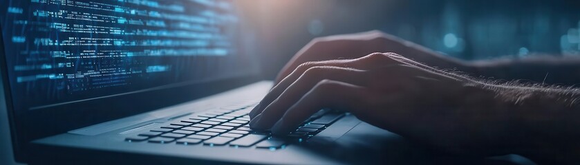 A detailed close-up of hands typing on a keyboard, with digital project management tools projected in holographic screens, in a cyberpunk style