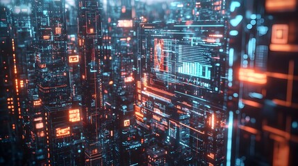 Futuristic Blockchain Powered Financial Technology with Sleek Transparent Digital Displays and Holographic Data Visualizations