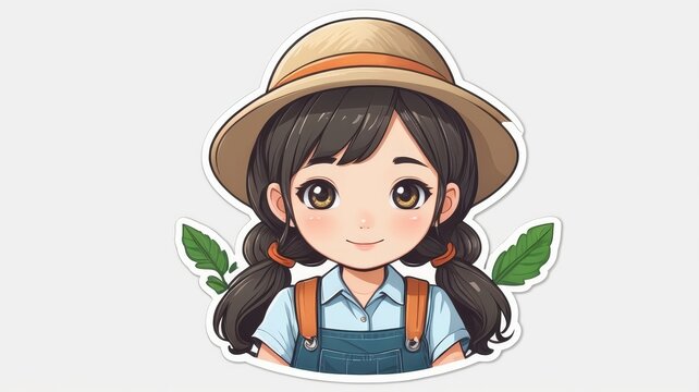Sticker design of a cute kawaii girl in a farm uniform, cute girl anime cartoon illustration isolated on a white background