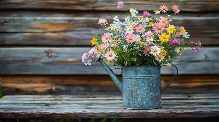 Vibrant wildflowers spill from a rustic metal watering can, bursting with color.